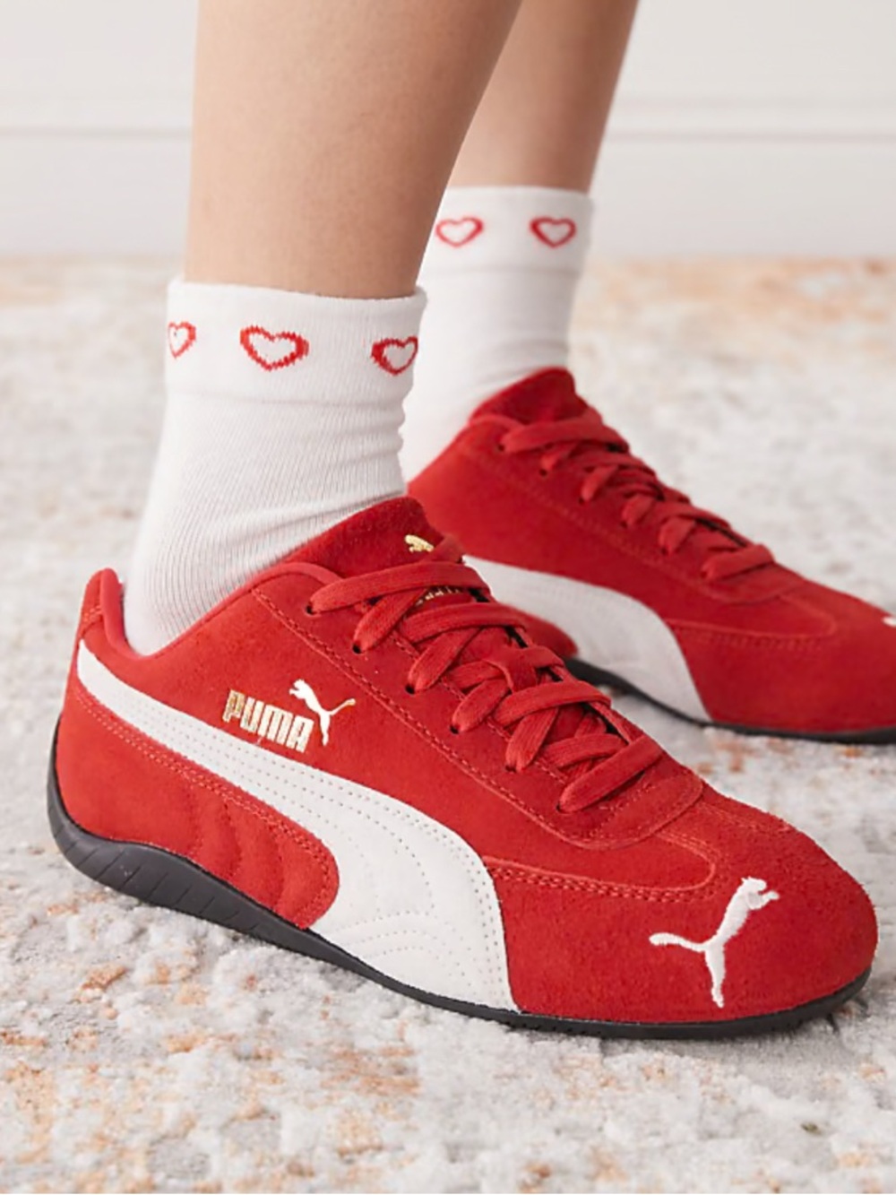 Puma Red Suede Sneakers with White Formstrip and Gold Logo